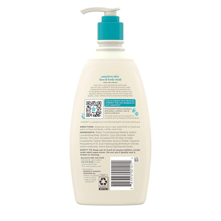 Aveeno Kids Sensitive Skin Face and Body Wash with Oat Extract, Gently Washes Away Dirt and Germs Without Drying, Tear-Free, Hypoallergenic Kids Body Wash, 18 fl. oz, 2 Pack