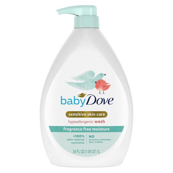Baby Dove Sensitive Skin Care Baby Wash Fragrance Free Moisture For Baby Bath Time Fragrance Free and Hypoallergenic, Washes Away Bacteria 34 oz (Pack of 1) - 1