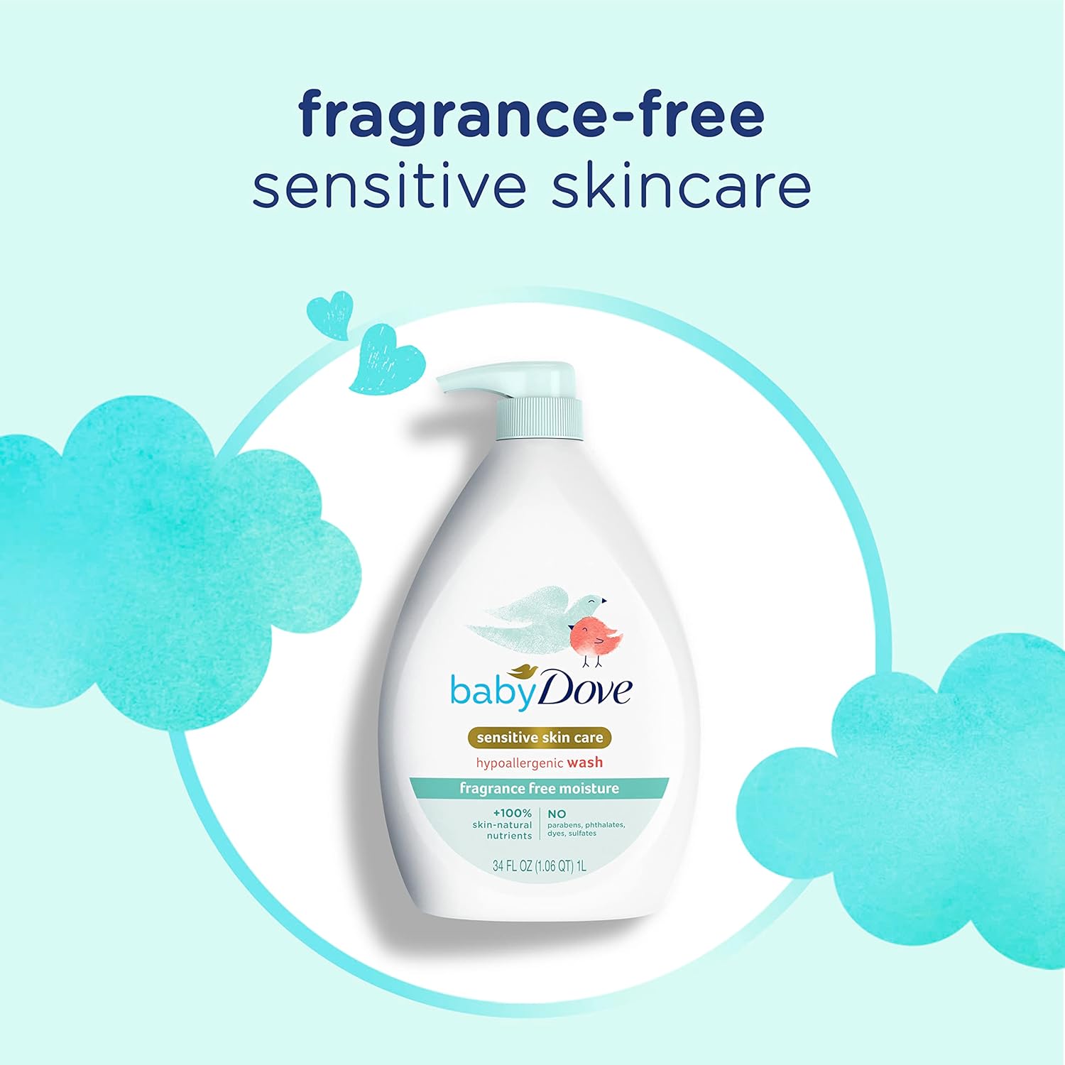 Baby Dove Sensitive Skin Care Baby Wash Fragrance Free Moisture For Baby Bath Time Fragrance Free and Hypoallergenic, Washes Away Bacteria 34 oz (Pack of 1) - Image 8