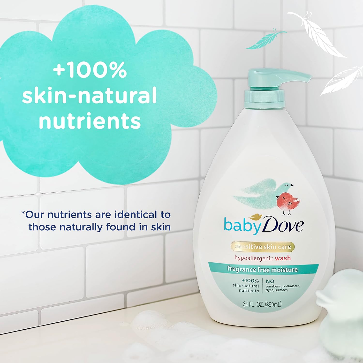 Baby Dove Sensitive Skin Care Baby Wash Fragrance Free Moisture For Baby Bath Time Fragrance Free and Hypoallergenic, Washes Away Bacteria 34 oz (Pack of 1) - Image 7