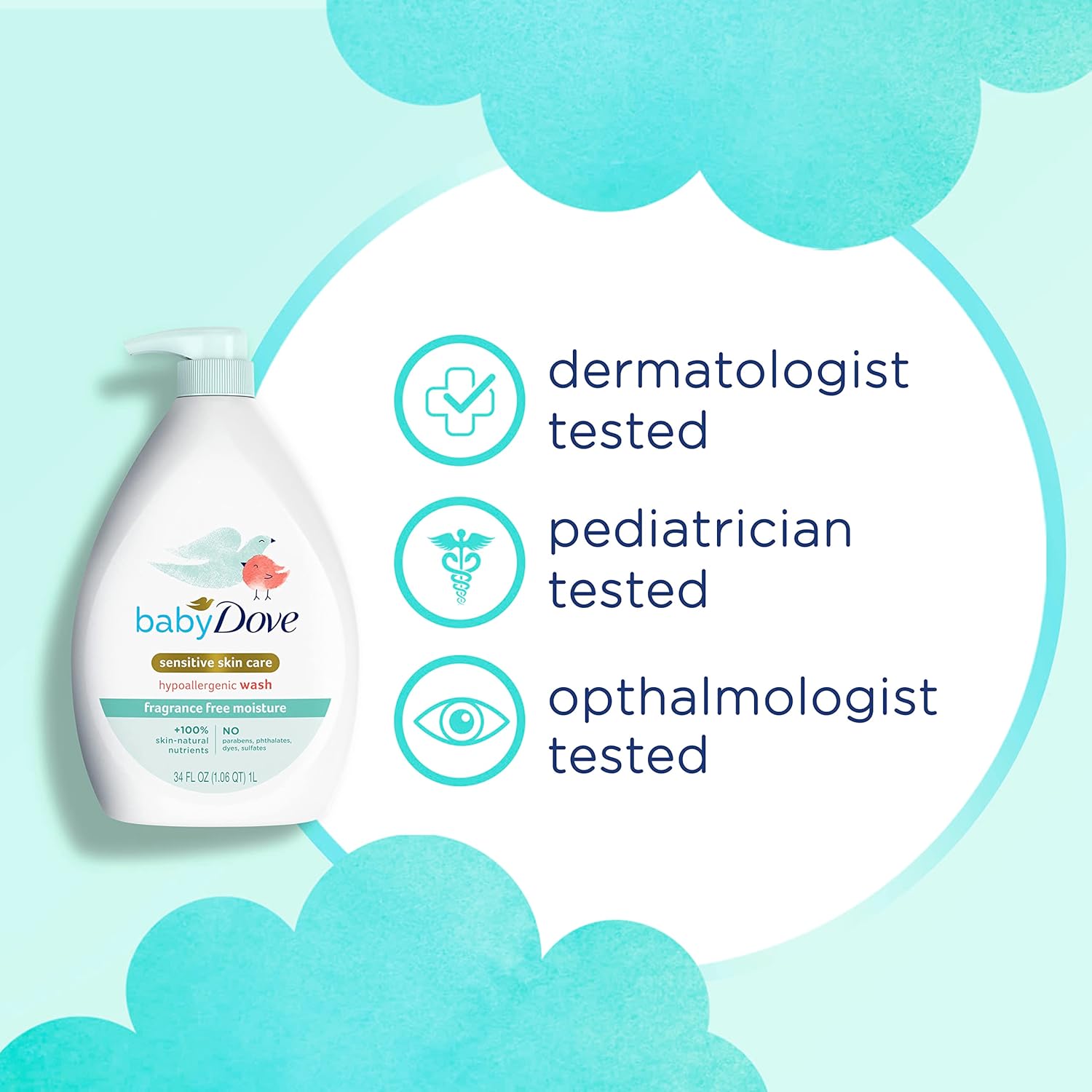 Baby Dove Sensitive Skin Care Baby Wash Fragrance Free Moisture For Baby Bath Time Fragrance Free and Hypoallergenic, Washes Away Bacteria 34 oz (Pack of 1) - Image 6