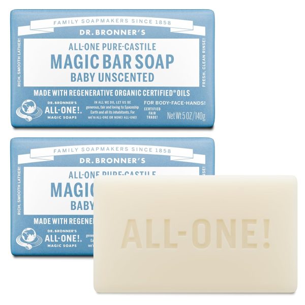Dr. Bronner's Pure-Castile Baby Unscented Magic Bar Soaps - Made with Regenerative Organic Certified Oils - For Face, Hand, Hair Gentle on Sensitive Skin - Soap Bars for Men & Women - 2 Pack, 5 oz - 1