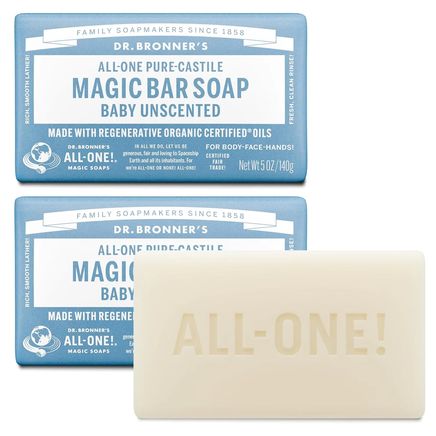 Dr. Bronner's Pure-Castile Baby Unscented Magic Bar Soaps - Made with Regenerative Organic Certified Oils - For Face, Hand, Hair Gentle on Sensitive Skin - Soap Bars for Men & Women - 2 Pack, 5 oz - 1