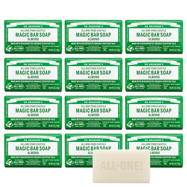 Dr. Bronner's Pure-Castile Magic Bar Soap (Almond, 5 ounce, 12-Pack)-Made with Regenerative Organic Certified Oils, For Face, Body, Hair, Gentle, Vegan, Cruelty-free Non-GMO - 1