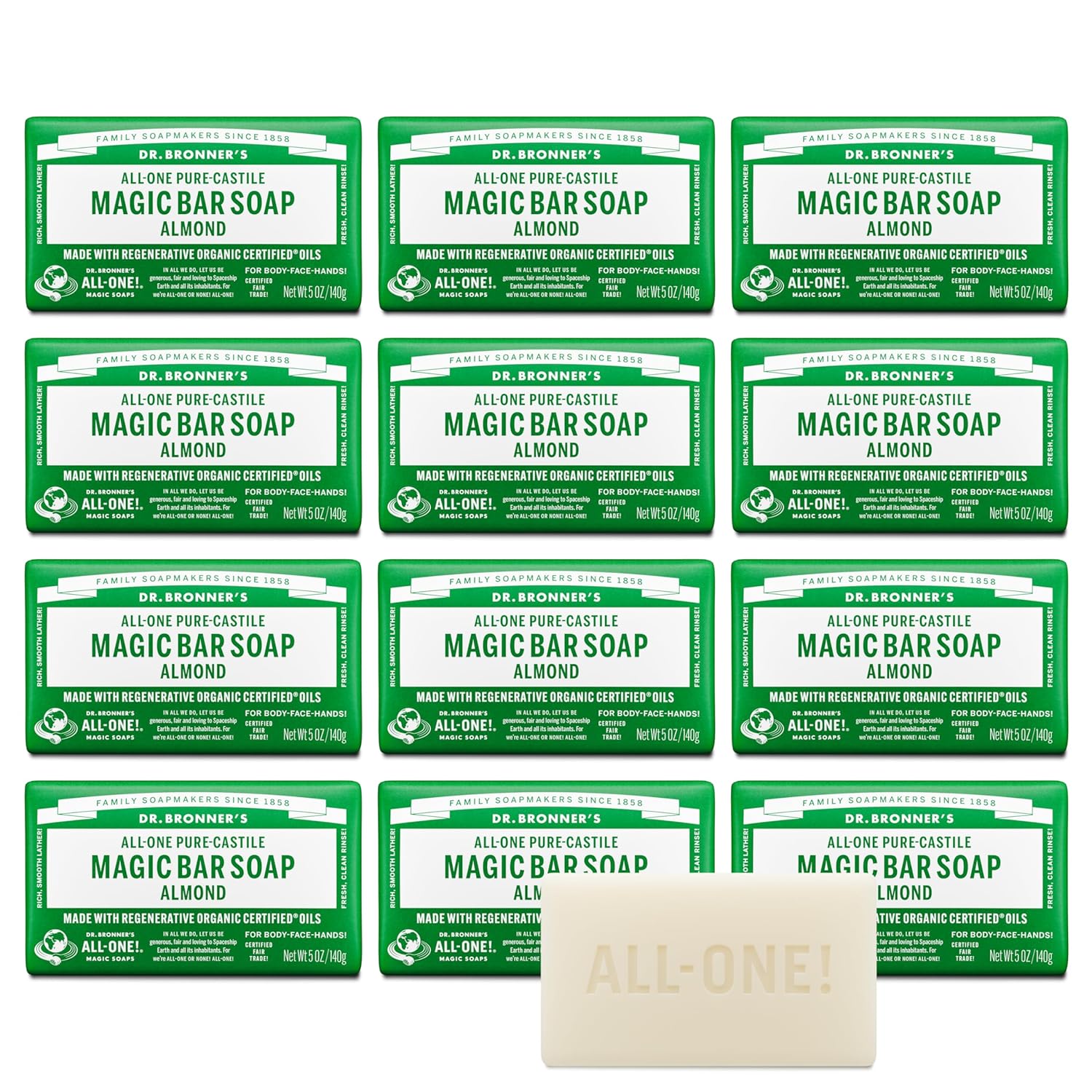 Dr. Bronner's Pure-Castile Magic Bar Soap (Almond, 5 ounce, 12-Pack)-Made with Regenerative Organic Certified Oils, For Face, Body, Hair, Gentle, Vegan, Cruelty-free Non-GMO - 1