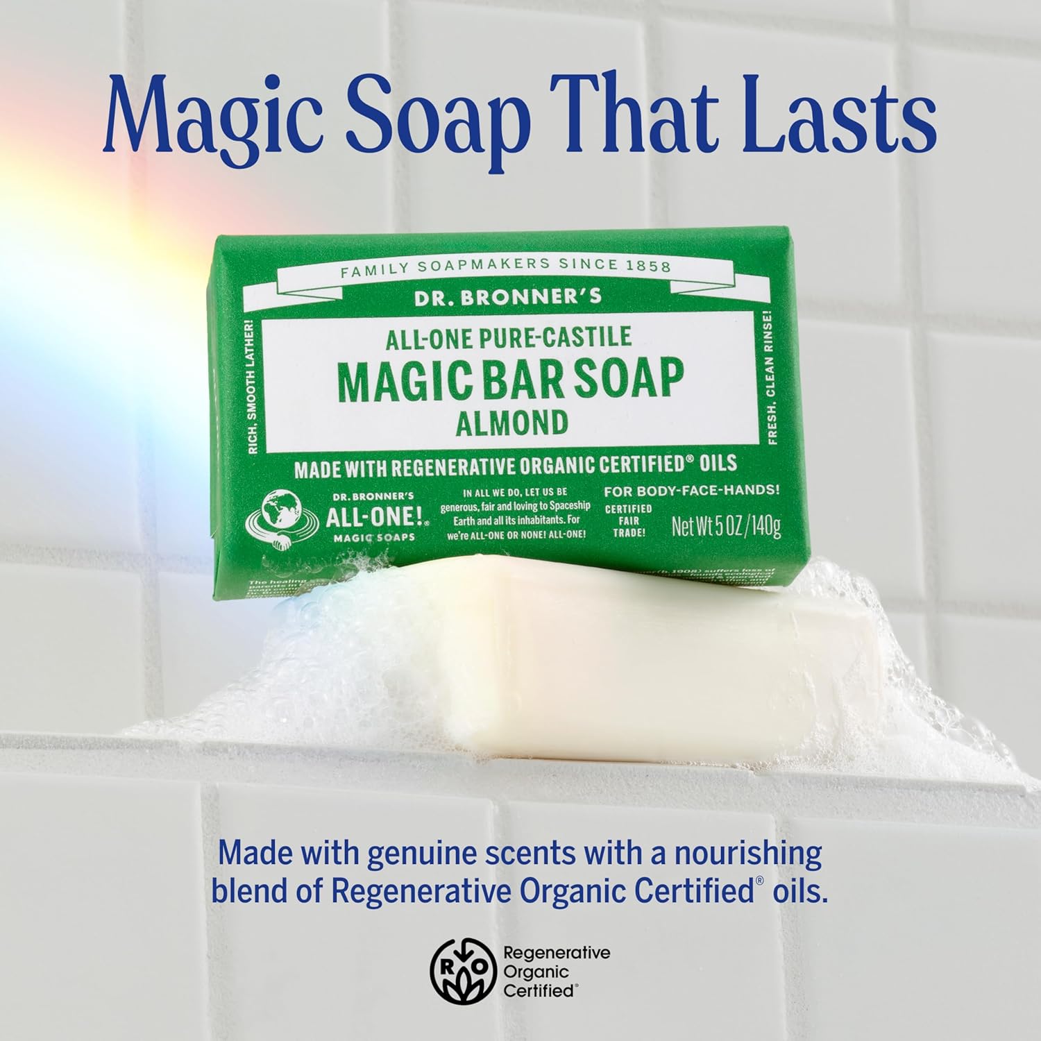 Dr. Bronner's Pure-Castile Magic Bar Soap (Almond, 5 ounce, 12-Pack)-Made with Regenerative Organic Certified Oils, For Face, Body, Hair, Gentle, Vegan, Cruelty-free Non-GMO - Image 8