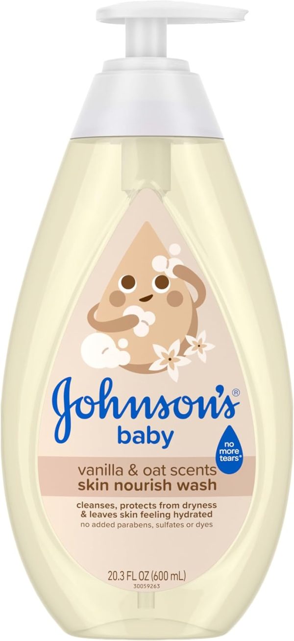 Johnson's Skin Nourishing Moisture Baby Wash, Vanilla & Oat Scents, Tear-Free, Hypoallergenic Baby Body Wash Cleanses, Protects from Dryness, & Leaves Skin Feeling Hydrated, 20.3 fl. oz - 1