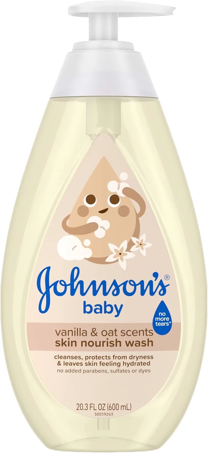Johnson's Skin Nourishing Moisture Baby Wash, Vanilla & Oat Scents, Tear-Free, Hypoallergenic Baby Body Wash Cleanses, Protects from Dryness, & Leaves Skin Feeling Hydrated, 20.3 fl. oz - 1
