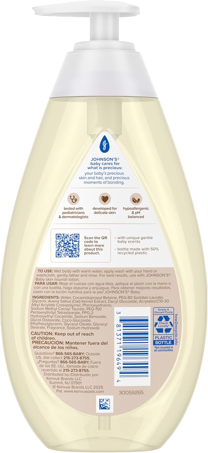 Johnson's Skin Nourishing Moisture Baby Wash, Vanilla & Oat Scents, Tear-Free, Hypoallergenic Baby Body Wash Cleanses, Protects from Dryness, & Leaves Skin Feeling Hydrated, 20.3 fl. oz - Image 2