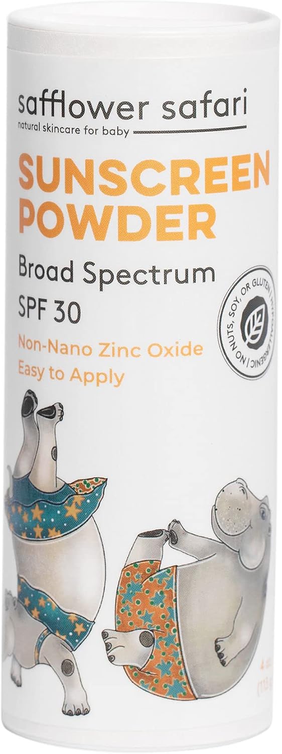 Baby All-Natural Sunscreen Powder SPF 25 Non Nano ZINC Oxide – Water & Sweat Resistant, Hypoallergenic, Made in USA by Safflower Safari