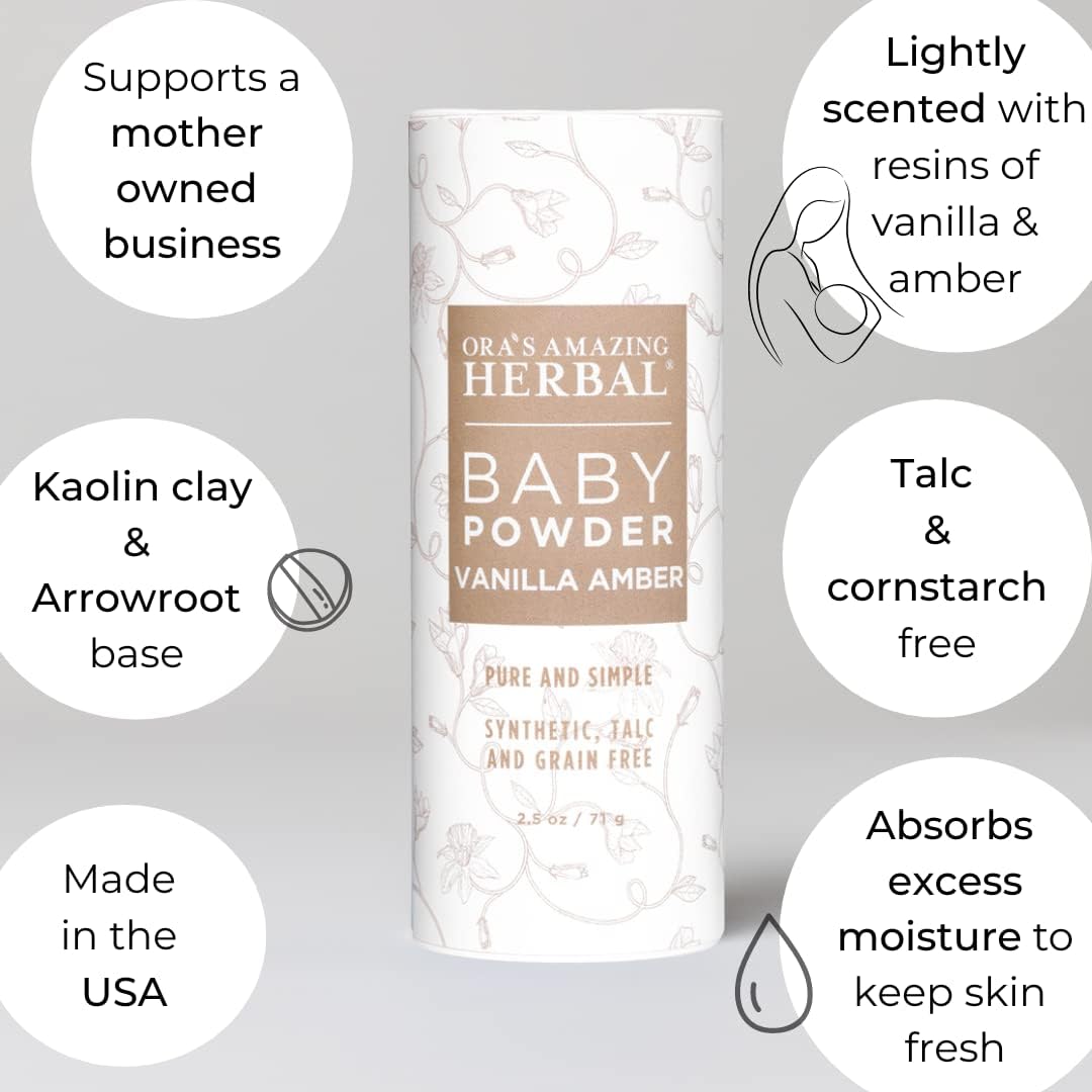 Baby Powder Talc-Free, Real Vanilla Amber Natural Scent, Cornstarch Free Arrowroot and Clay Based Powder, Synthetic Fragrance Free, Ora's Amazing Herbal, 2.5 oz - Image 3