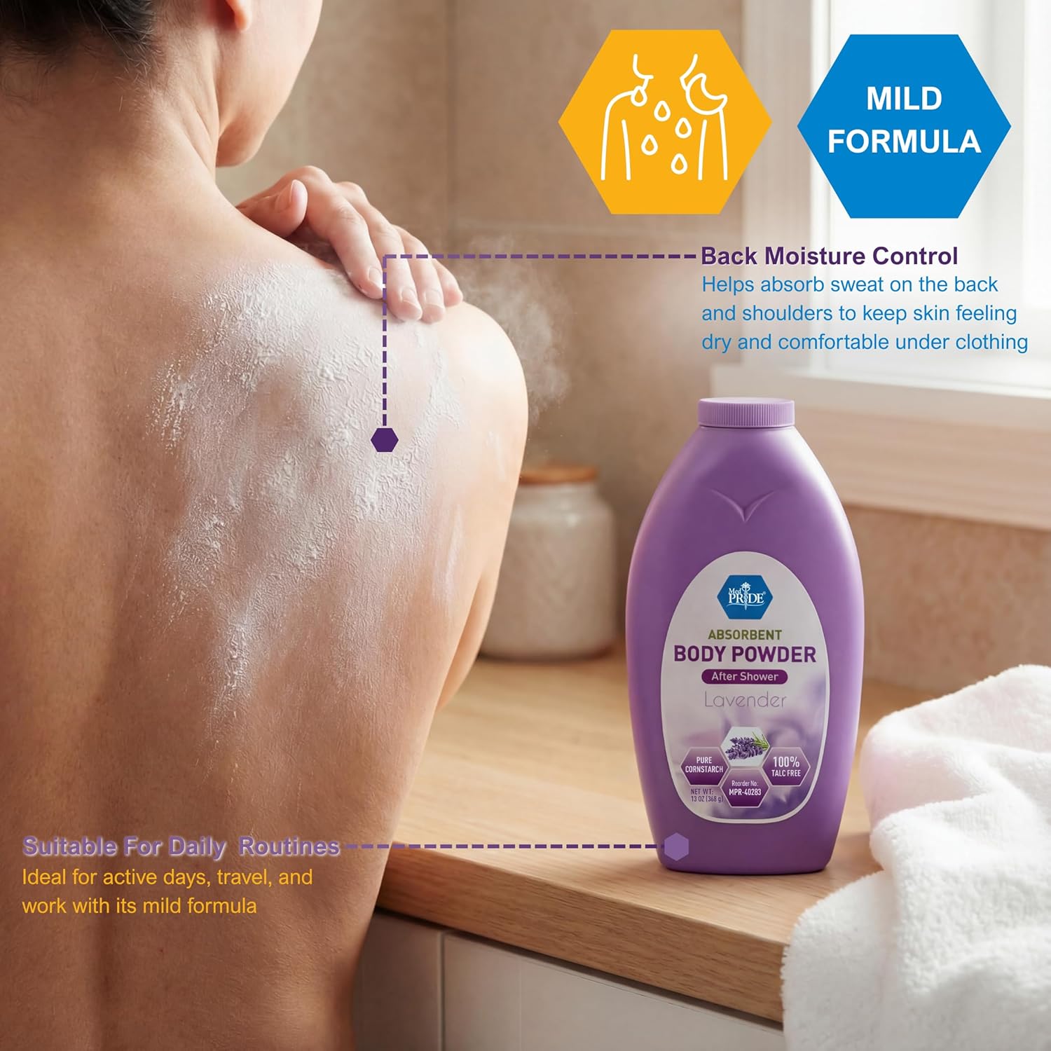 MED PRIDE Talc Free Cornstarch Body Powder with Lavender Scent, Moisture Absorbing Skin Care for Daily Freshness, Cruelty Free Formula, 13 Ounce Bottle - Image 8