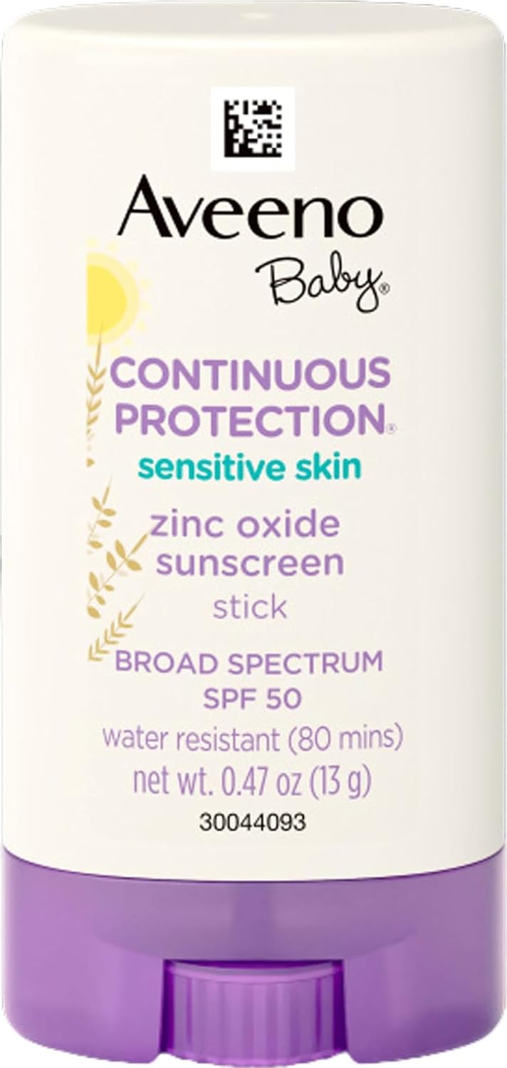 Aveeno Baby Continuous Protection Mineral Sunscreen Stick for Sensitive Skin with Broad Spectrum SPF 50 Protection for Face & Body, Naturally Sourced 100% Zinc Oxide, Travel Size, 0.47 oz