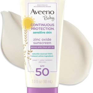 Aveeno Baby Continuous Protection Zinc Oxide SPF 50 Sunscreen for Babies with Sensitive Skin, Broad Spectrum Sun Protection, Tear-Free, Sweat- & Water-Resistant, No added Parabens, 3 Fl Oz - 1
