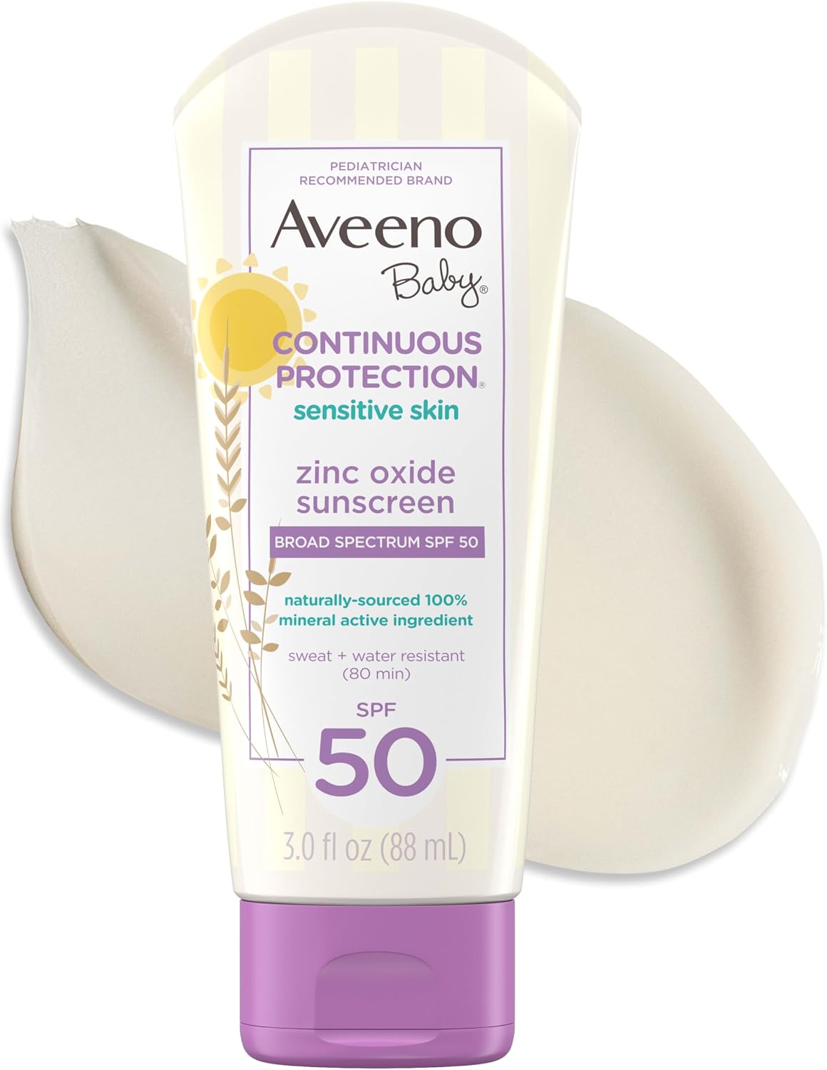Aveeno Baby Continuous Protection Zinc Oxide SPF 50 Sunscreen for Babies with Sensitive Skin, Broad Spectrum Sun Protection, Tear-Free, Sweat- & Water-Resistant, No added Parabens, 3 Fl Oz