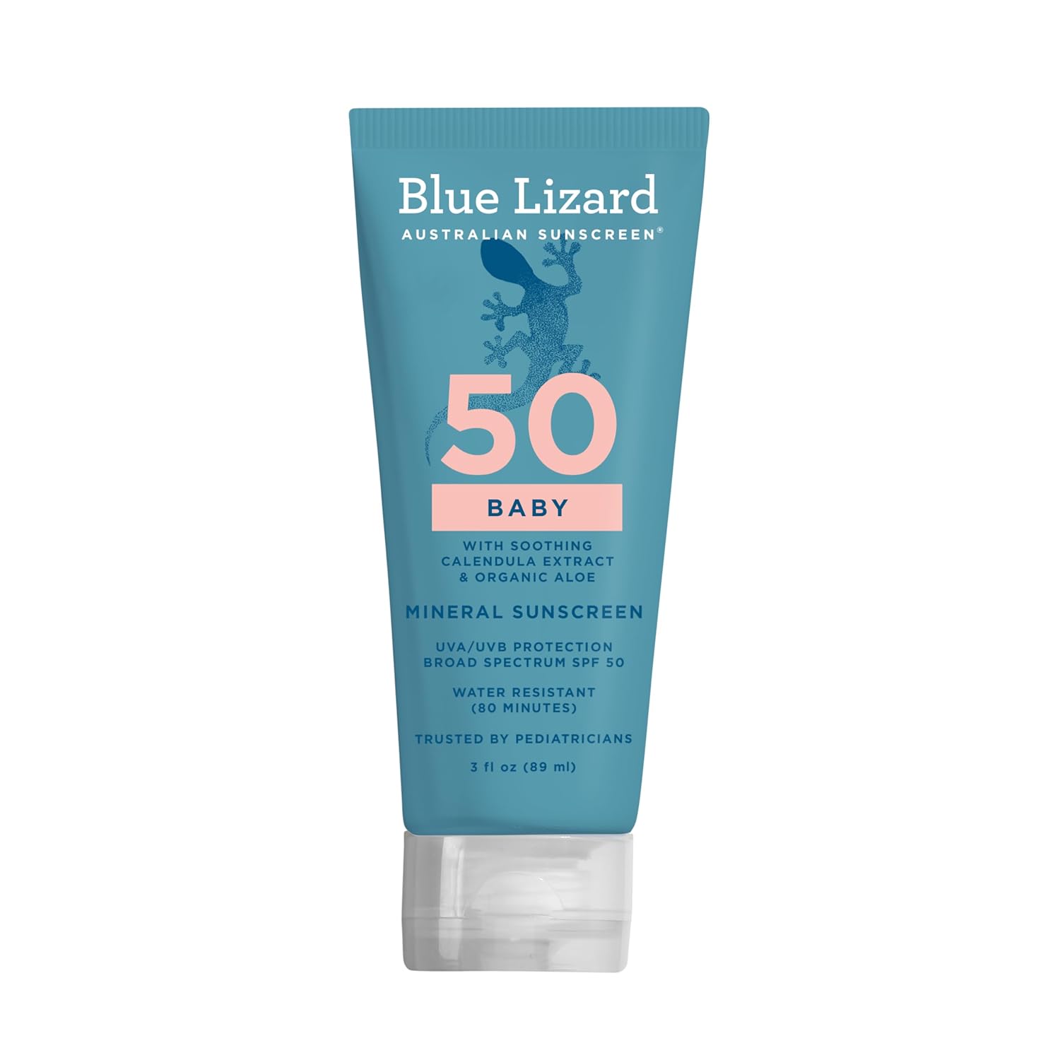 BLUE LIZARD Baby Mineral Sunscreen with Zinc Oxide, SPF 50+, Water Resistant, UVA/UVB Protection with Smart Cap Technology – Fragrance Free, 3 Ounce Tube | 100% Mineral, Water Resistant, UVA/UVB Protection, Vegan, Fragrance Free, Nourishing with Organic Aloe, Lightweight, For Baby