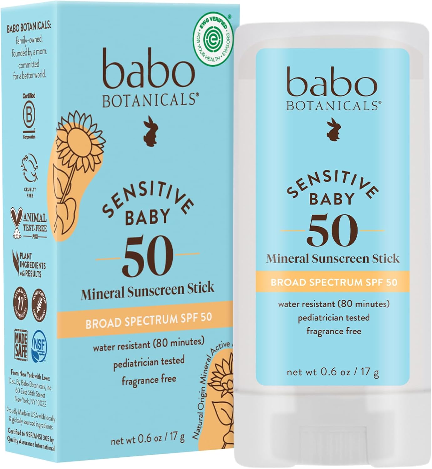 Babo Botanicals Sensitive Baby Mineral Sunscreen Stick SPF 50 – 70% Organic Ingredients – Zinc Oxide – NSF & MADE SAFE and EWG Certified – Water Resistant – Fragrance-Free – Babies & Kids