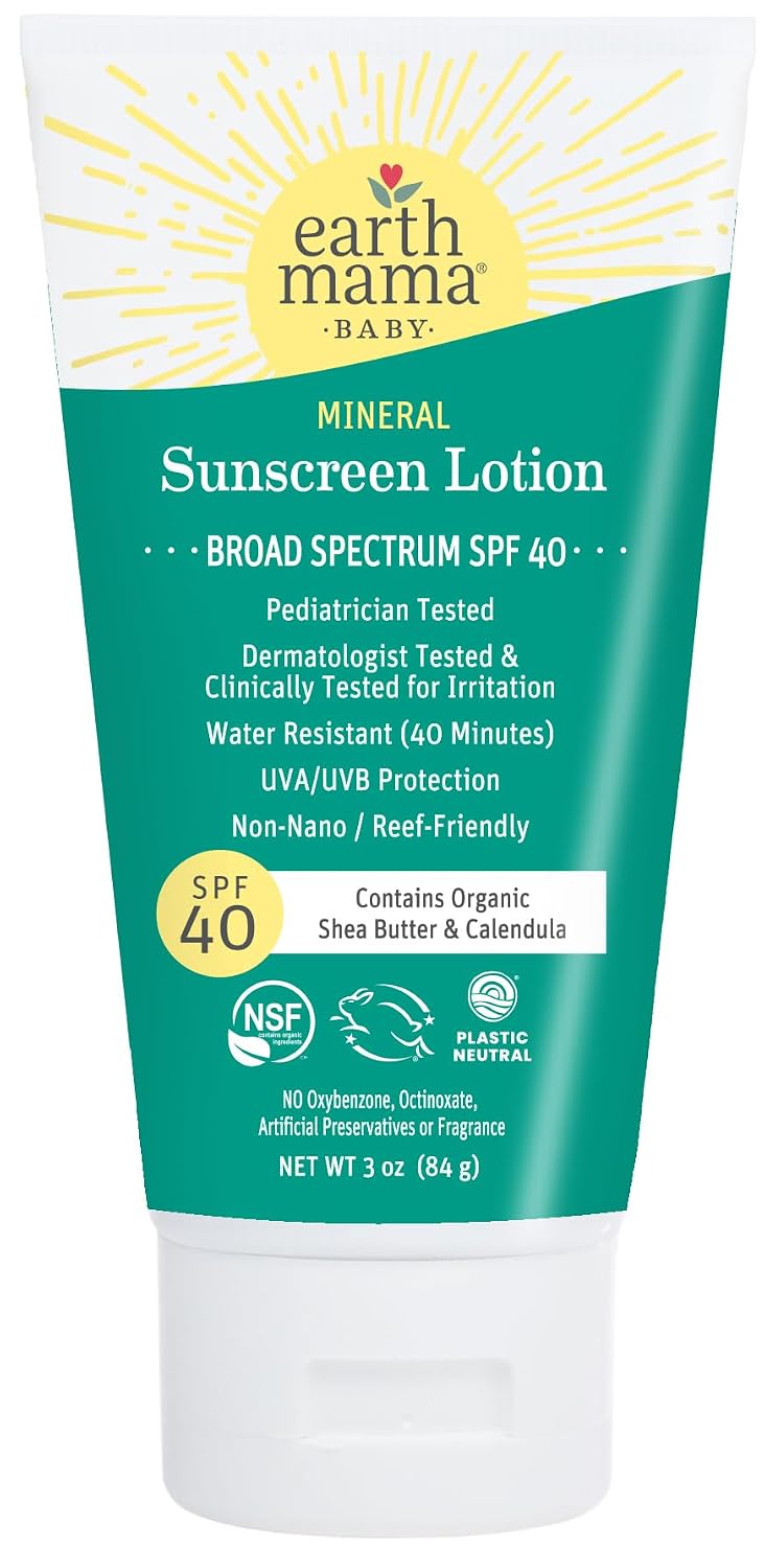 Earth Mama Baby Mineral Sunscreen Lotion SPF 40-3 oz – Non-Nano Zinc – Broad Spectrum for Babies, Kids & Family – Water Resistant Sun Protection