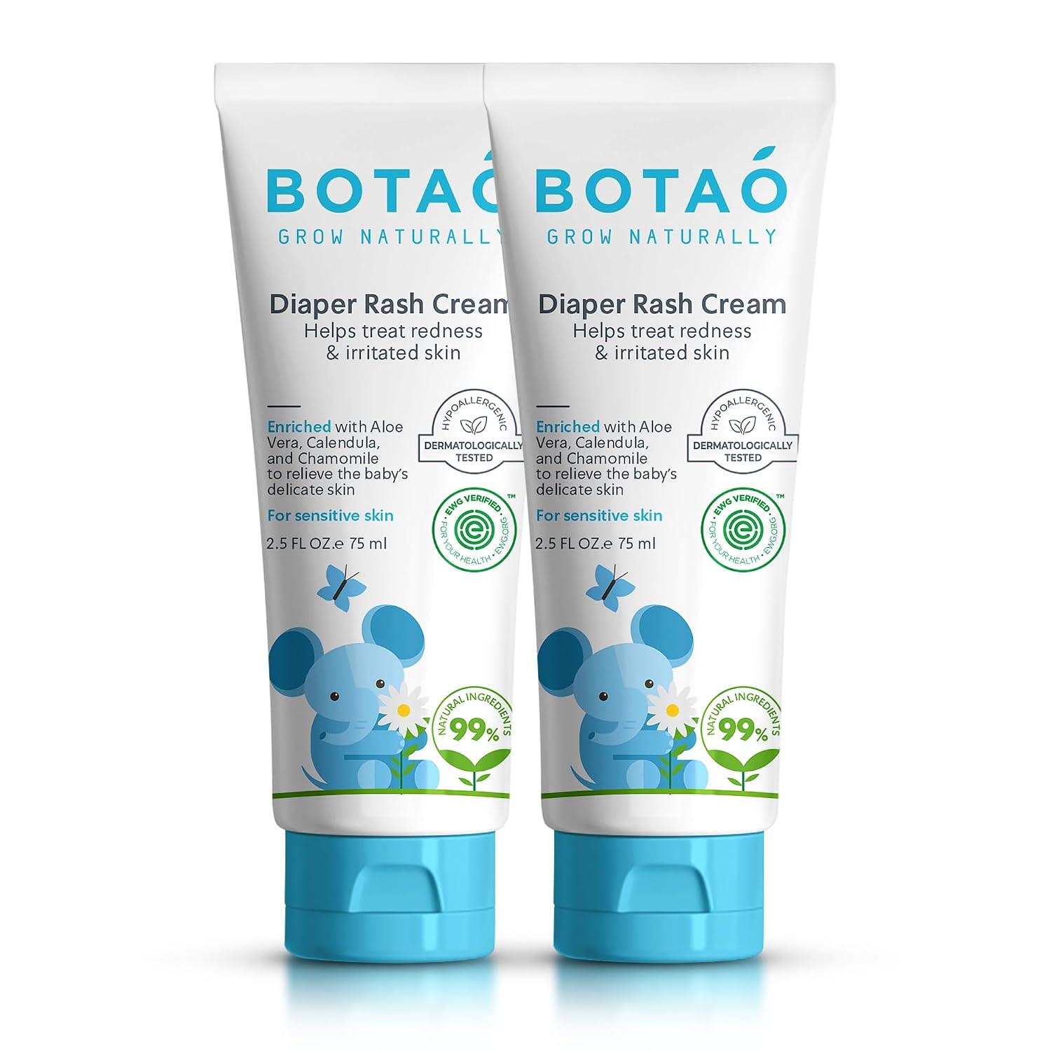 BOTAO Baby’s Natural Diaper Cream | Organic Diaper Cream EWG Verified | Naturally Soothes Baby Rashes | Baby zinc Ointment Natural | For Sensitive Skin with Aloe Vera & Calendula, 2.5Oz (2 Pack)